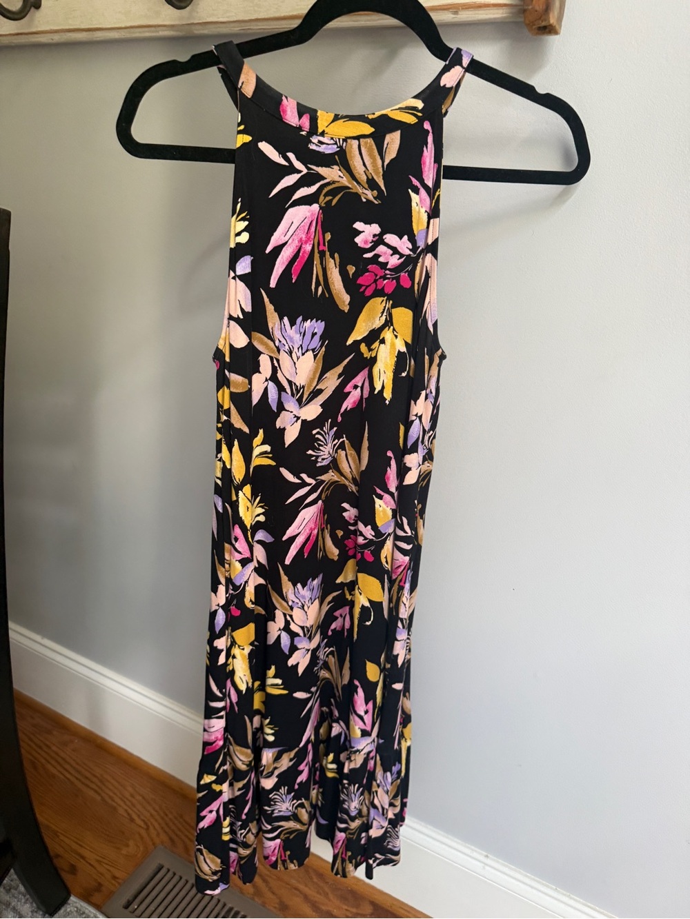 Time and Tru Black Floral Halter Dress with Pink, Yellow & Lavender Accents